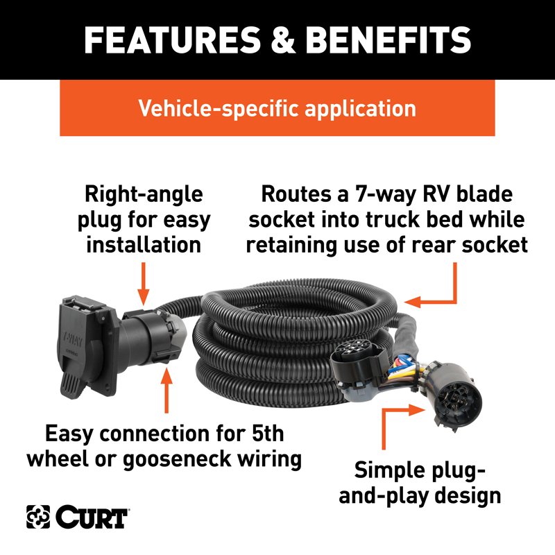 CURT | 10' Custom Wiring Extension Harness (Adds 7-Way RV Blade to Truck Bed) - Chevrolet / Dodge / Ford / GMC 2000-2023