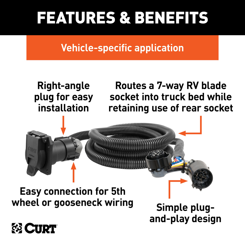 CURT | 7' Custom Wiring Extension Harness (Adds 7-Way RV Blade to Truck Bed, Packaged) - Chevrolet / Dodge / Ford 2000-2023