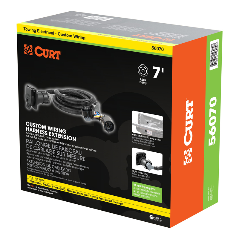CURT | 7' Custom Wiring Extension Harness (Adds 7-Way RV Blade to Truck Bed, Packaged) - Chevrolet / Dodge / Ford 2000-2023