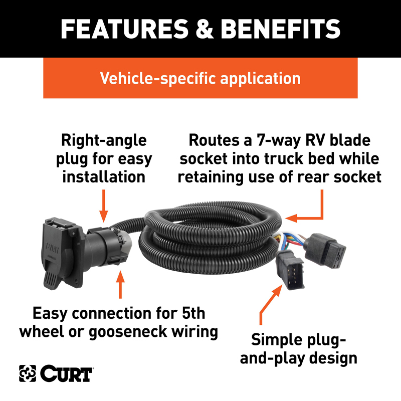 CURT | 7' Custom Wiring Extension Harness (Adds 7-Way RV Blade to Truck Bed) - Dakota / 1500 / 2500 / 3500 2000-2010