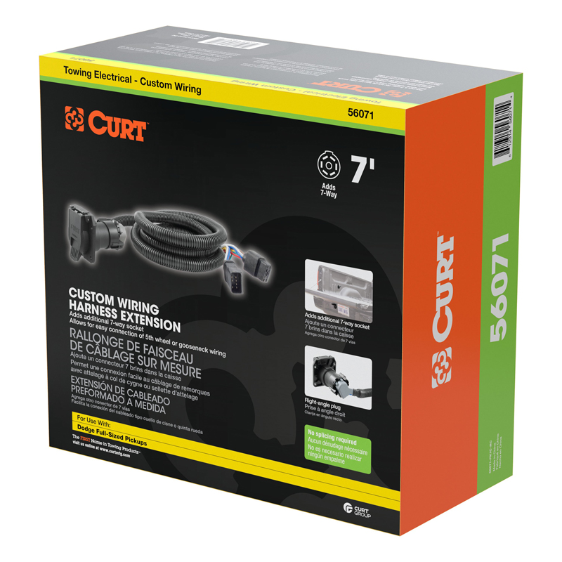 CURT | 7' Custom Wiring Extension Harness (Adds 7-Way RV Blade to Truck Bed) - Dakota / 1500 / 2500 / 3500 2000-2010