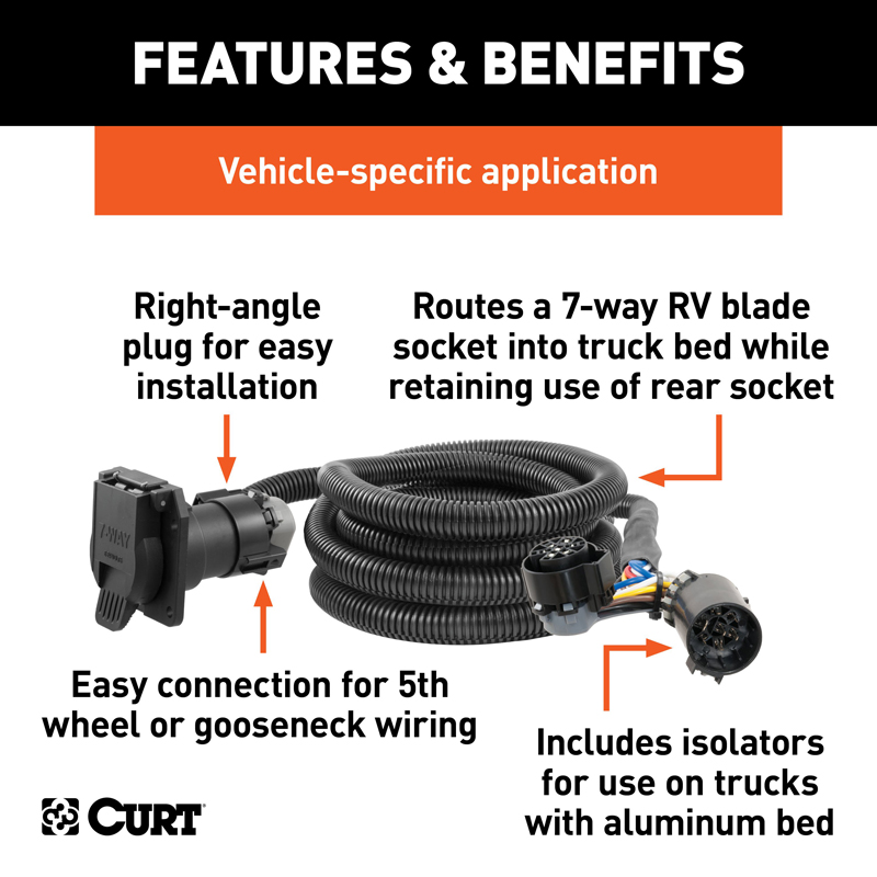 CURT | 10' Custom Wiring Extension Harness (Adds 7-Way RV Blade to Truck Bed, Packaged) - F-150 / F-250 / F-350 2015-2023