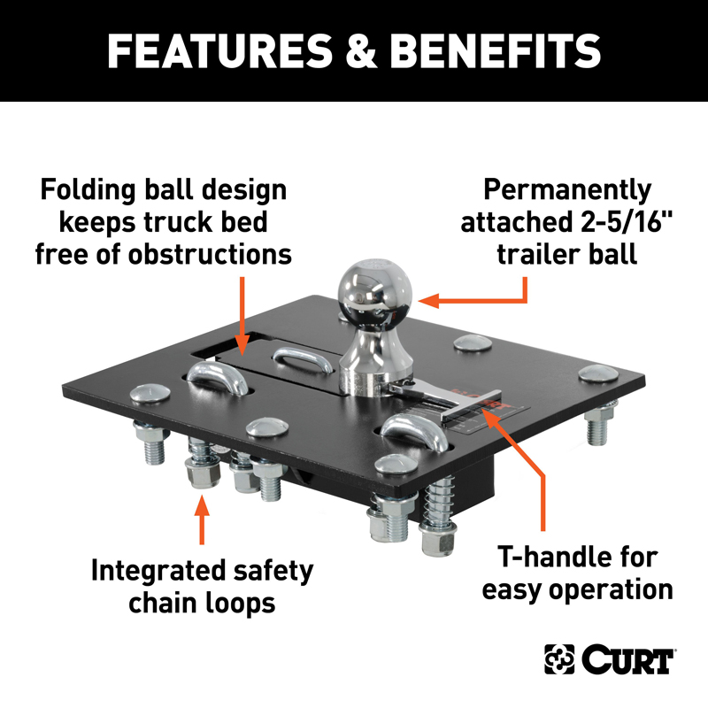 CURT | Over-Bed Folding Ball Gooseneck Hitch - Chevrolet / Dodge / Ford 2000-2019