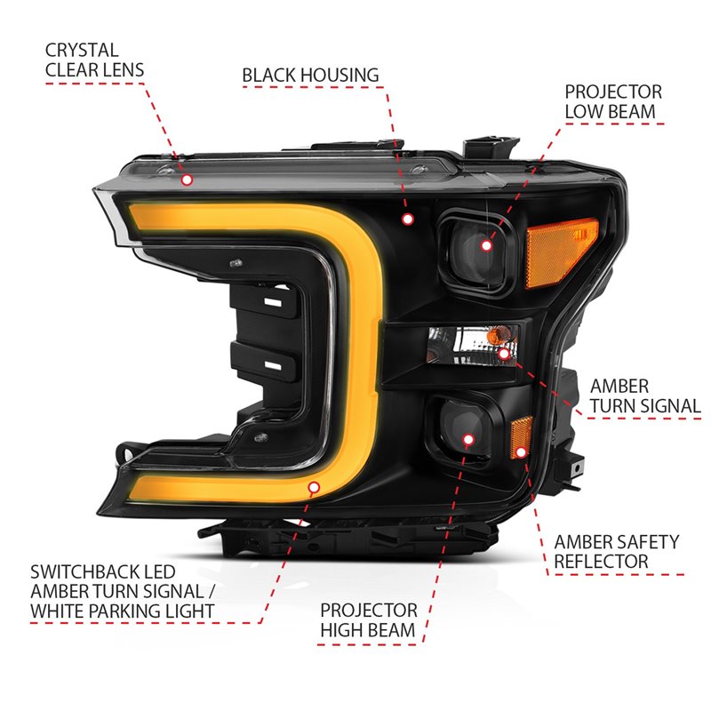 ANZO | Projector Headlights w/ Plank Style Switchback Black w/ Amber