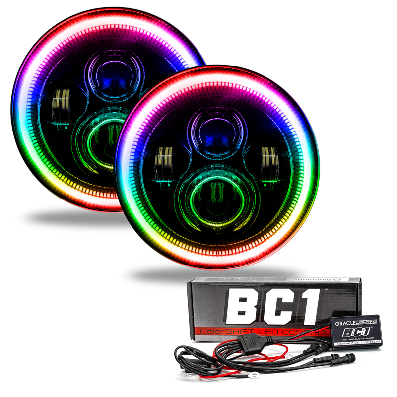 Oracle | 7 in. High Powered LED Headlights, Black Bezel, ColorSHIFT - BC1 - Wrangler (JK) 3.6L / 3.8L 2007-2018