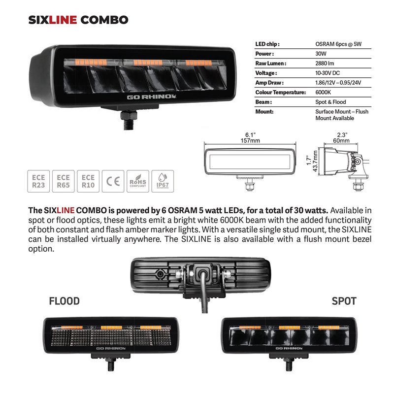 Go Rhino | 50600622FBS - Blackout Combo Series Lights - Pair of Sixline LED Flood Lights With Amber Accent -  Black