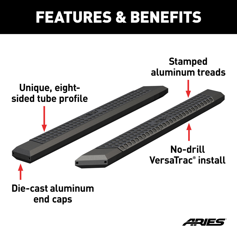 ARIES | AdvantEDGE 5-1/2" x 75" Black Aluminum Side Bars (No Brackets) - Chevrolet / Dodge / Ford 2000-2023
