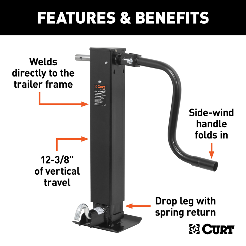 CURT | Direct-Weld Square Jack with Side Handle (12,000 lbs, 12-1/2" Travel)